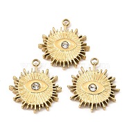 Ion Plating(IP) 316 Stainless Steel with Rhinestone Pendants, Sun with Eye Charm, Real 24K Gold Plated, 17x15x2.5mm, Hole: 1.6mm(STAS-K258-13G)