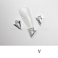 Alloy Rhinestone Cabochons, Nail Art Decoration Accessories, with Jump Ring, Letter, Platinum, Letter.V, 11~14x5~12mm(MRMJ-T056-93P-V)