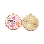 Rack Plating Acrylic Pendants, with Golden Tone Alloy Findings, Cadmium Free & Nickel Free & Lead Free, Mother's Day, Flower Charm with Word, Misty Rose, 30x27x2.5mm, Hole: 2mm(PALLOY-M204-01G-A)