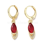 Real 18K Gold Plated Brass Dangle Leverback Earrings, with Cubic Zirconia and Glass, Horse Eye, Red, 30.5x6mm(EJEW-L269-037G-01)
