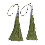 Polyester Tassel Big Pendant Decorations, with Alloy Finding, Platinum, Olive Drab, 205~215x20~25mm(FIND-E018-A14)