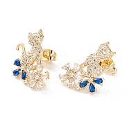 Cat and Flower Cubic Zirconia Stud Earrings, Real 18K Gold Plated Brass Animal Earrings for Women, Cadmium Free & Lead Free, Blue, 20.5x13.5mm, Pin: 0.8mm(EJEW-I263-02G)