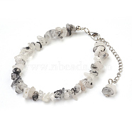 Natural Tourmalinated Quartz/Black Rutilated Quartz Chip Beads Anklets, with Glass Seed Beads, with Brass and Stainless Steel Findings, 8-1/2 inch(21.5cm)(X-AJEW-AN00229-03)