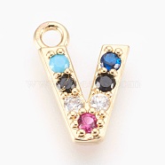 Brass Micro Pave Cubic Zirconia Charms, Letter, Golden, Letter.V, 13~14x7~10x2~2.5mm, Hole: 1.5~1.8mm(ZIRC-F089-01G-V)