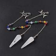 Natural Quartz Crystal Hexagonal Pointed Cone Dowsing Pendulum Pendants, with Chakra Gemstone Round Beads, Rack Plating Platinum Tone Brass Triple Goddess Pentagram & Chains, Cadmium Free & Lead Free, 255mm(G-G983-05P-08)