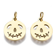 304 Stainless Steel Charms, with Jump Rings, Laser Cut, Halloween, Skull, Real 14K Gold Plated, 11.5x9.5x1mm, Jump Ring: 3.8x0.6mm, 2.6mm inner diameter(STAS-S116-369G)