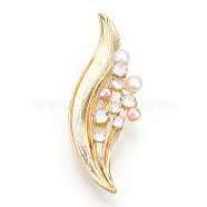 Natural Pearl & Glass Leaf Brooches for Women, Brass Pins, Real 14K Gold Plated, 24x64.5x18mm(JEWB-N001-13G)