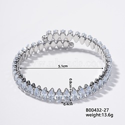 Elegant Brass Pave Clear Cubic Zirconia Rhombus Open Cuff Bracelet for Women, Platinum, Inner Diameter: 2 inch(5.1cm)(KX4249-8)