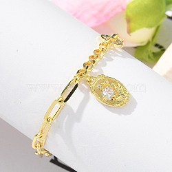 Brass Micro Pave Clear Cubic Zirconia Charm Bracelets, Curb & Paperclip Chains Bracelets for Women, Oval with Flower, Real 18K Gold Plated, 7 inch(17.8cm)(BJEW-U020-05G)