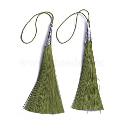 Polyester Tassel Big Pendant Decorations, with Alloy Finding, Platinum, Olive Drab, 205~215x20~25mm(FIND-E018-A14)