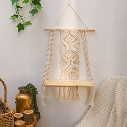 Bohemian Cotton & Wood Macrame Woven Wall Hanging, Tassels Home Decoration, Rhombus, Beige, 730x350mm(PW-WG8FB47-01)