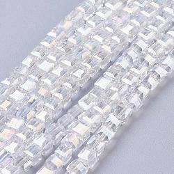 Electroplate Glass Beads Strands, AB Color Plated, Faceted, Cube, Clear AB, 4x4x4mm, Hole: 1mm(EGLA-D018-4x4mm-01)