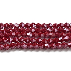 Opaque Solid Color Electroplate Glass Beads Strands, Pearl Luster Plated, Faceted, Bicone, Dark Red, 4x4mm, Hole: 0.8mm, about 82~85pcs/strand, 12.01~12.2 inch(30.5~31cm)(EGLA-A039-P4mm-A01)