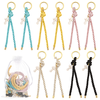 Polyester Cord First Communion Christening Keychain with Alloy Enamel Cross for Baptism Favors Gift, with Iron Split Key Rings, Mixed Color, 350mm, 5 colors, 2pcs/color, 10pcs/set