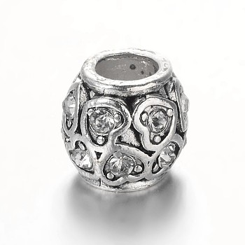 Antique Silver Plated Alloy Rhinestone European Beads, Large Hole Barrel with Heart Beads, Crystal, 10x9.5mm, Hole: 5mm