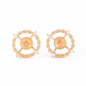 Brass Micro Pave Clear Cubic Zirconia Stud Earrings Findings, for Half Drilled Bead, Nickel Free, Flat Round, Real 18K Gold Plated, 16x14mm, Pin: 0.8mm, Pin: 1mm(for Half Drilled Bead)