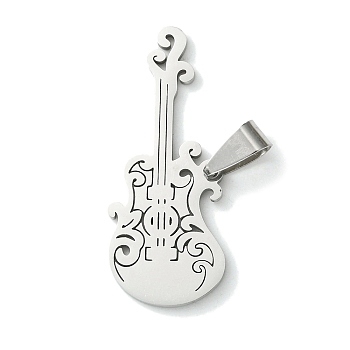 201 Stainless Steel Pendants, Guitar Charm, Stainless Steel Color, 40.5x16.5x1.5mm, Hole: 8x4mm