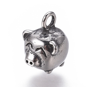 316 Surgical Stainless Steel Charms, Polished, Piggy Findings, Antique Silver, 12x9x10.5mm, Hole: 2mm