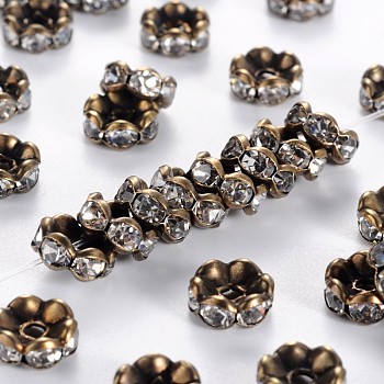 Brass Rhinestone Spacer Beads, Grade AAA, Wavy Edge, Nickel Free, Antique Bronze Metal Color, Rondelle, Crystal, 8x3.8mm, Hole: 1.5mm