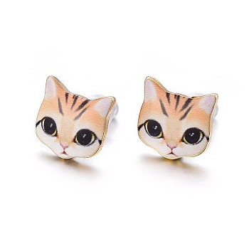 Real 14K Gold Plated Alloy Kitten Stud Earrings, with Enamel and Environment Stainless Steel Pin, Printed, Cat Pattern, Navajo White, 10~10.5x10.5~11mm, pin: 0.7mm