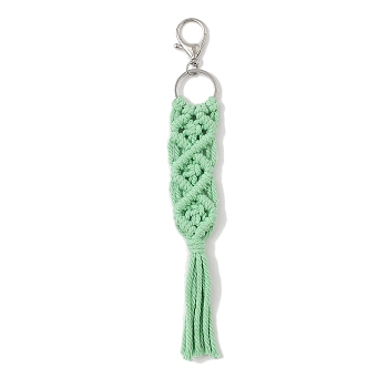 Handmade Macrame Nylon Thread Pendant Decorations, Alloy Clasps Charms for Bag or Keychain Ornaments, Rectangle, Light Green, 240mm