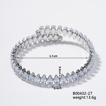 Elegant Brass Pave Clear Cubic Zirconia Rhombus Open Cuff Bracelet for Women, Platinum, Inner Diameter: 2 inch(5.1cm)