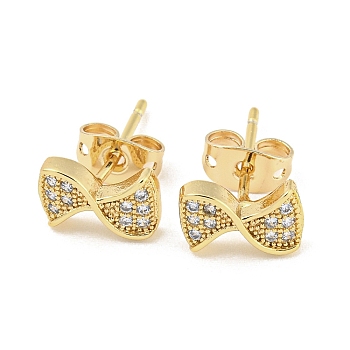 Brass Micro Pave Cubic Zirconia Ear Studs, Bowknot, Real 18K Gold Plated, 5.5x9.5mm