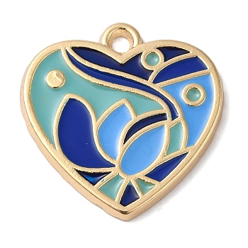 Zinc Alloy Enamel Pendants, Golden, Heart Charm, Blue, 25x25x2mm, Hole: 3mm