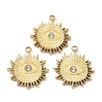 Ion Plating(IP) 316 Stainless Steel with Rhinestone Pendants, Sun with Eye Charm, Real 24K Gold Plated, 17x15x2.5mm, Hole: 1.6mm