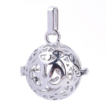 Rack Plating Brass Cage Pendants, For Chime Ball Pendant Necklaces Making, Hollow Round with Om Symbol, Platinum, 25x24x20.5mm, Hole: 3x7mm, inner measure: 18mm