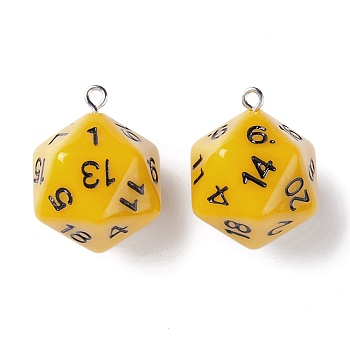 Opaque Acrylic Pendants, with Platinum Plated Iron Findings, Faceted, Polyhedral Dice, D20, Yellow, 27.5x20x20mm, Hole: 2mm