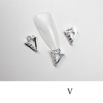 Alloy Rhinestone Cabochons, Nail Art Decoration Accessories, with Jump Ring, Letter, Platinum, Letter.V, 11~14x5~12mm