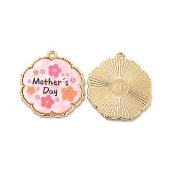 Rack Plating Acrylic Pendants, with Golden Tone Alloy Findings, Cadmium Free & Nickel Free & Lead Free, Mother's Day, Flower Charm with Word, Misty Rose, 30x27x2.5mm, Hole: 2mm