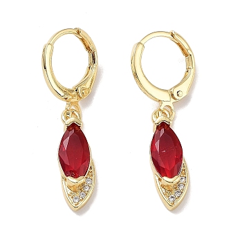 Real 18K Gold Plated Brass Dangle Leverback Earrings, with Cubic Zirconia and Glass, Horse Eye, Red, 30.5x6mm