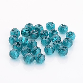 Handmade Silver Foil Glass Beads, Round, Teal, 7.5~8.5mm, Hole: 1mm
