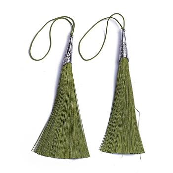 Polyester Tassel Big Pendant Decorations, with Alloy Finding, Platinum, Olive Drab, 205~215x20~25mm