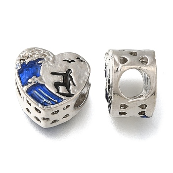 Rack Plating Alloy Enamel European Beads, Large Hole Beads, Heart with Surf, Platinum, 11x12x7.5mm, Hole: 5mm