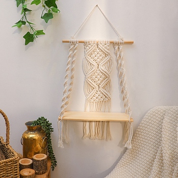 Bohemian Cotton & Wood Macrame Woven Wall Hanging, Tassels Home Decoration, Rhombus, Beige, 730x350mm