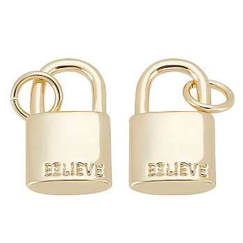 BENECREAT Brass Charms, Inspirational Message Charms, with Jump Rings, Long-Lasting Plated, Lock with Word Believe, Real 18K Gold Plated, 13.8x8.3x3.1mm, Hole: 3.4mm, 10pcs