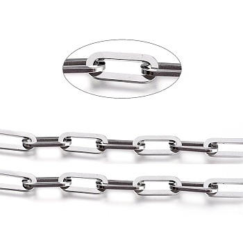 304 Stainless Steel Paperclip Chains, Flat Oval, Drawn Elongated Cable Chains, Unwelded, Stainless Steel Color, 6.5mm