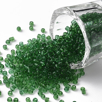 Glass Seed Beads, Transparent, Round, Round Hole, Green, 12/0, 2mm, Hole: 1mm, about 3333pcs/50g, 50g/bag, 18bags/2pounds