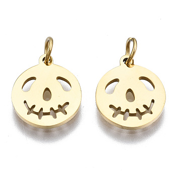 304 Stainless Steel Charms, with Jump Rings, Laser Cut, Halloween, Skull, Real 14K Gold Plated, 11.5x9.5x1mm, Jump Ring: 3.8x0.6mm, 2.6mm inner diameter