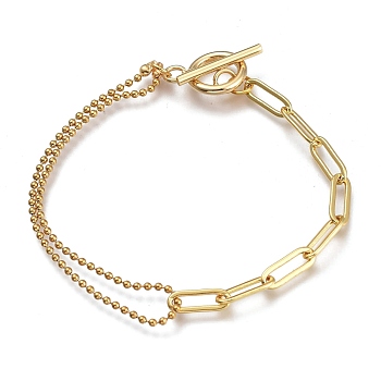 Chain Bracelets, with Brass Paperclip Chains, 304 Stainless Steel Ball Chains & Toggle Clasps, Golden, 7-1/2 inch(19cm)