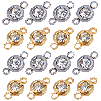 24Pcs 2 Colors 304 Stainless Steel Crystal Rhinestone Connector Charms, Flat Round Links, Golden & Stainless Steel Color, 12x6.5x4mm, Hole: 2mm, 12pcs/color