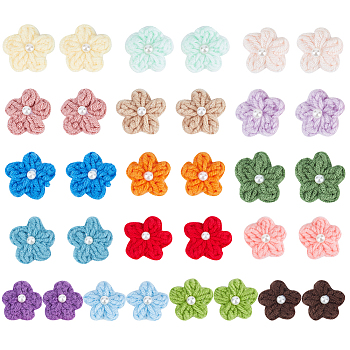 30pcs 15 colors Handmade Woven Costume Accessories, with Plastic Imitation Pearl Beads, Flower, Mixed Color, 26~31x28~32x9~12mm, 2pcs/color