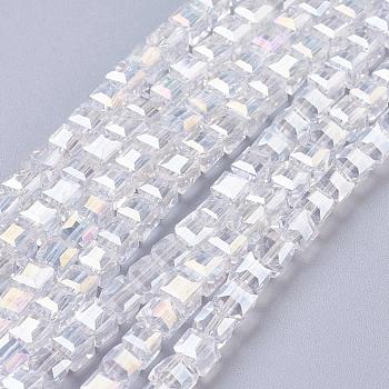Electroplate Glass Beads Strands, AB Color Plated, Faceted, Cube, Clear AB, 4~5x4~5x4~5mm, Hole: 1mm, 98~100pcs/strand, 40~43cm