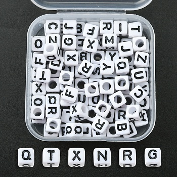 Acrylic Horizontal Hole Letter Beads, Cube with Random Mixed Letters, White, 6x6x6mm, 100pcs/box