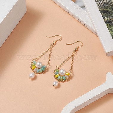 Natural Pearl & Glass Teardrop with Flower Dangle Earrings(EJEW-TA00222-02)-3