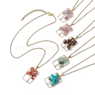 Natural mixed Gemstone with Brass Pendant Necklaces,  Rectangle with Tree, 17.99 inch(45.7cm)(NJEW-JN04678)