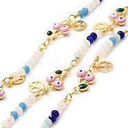 Enamel Cherry with Evil Eye Link Chains, with Real 18K Gold Plated Brass Peace Sign Charms and Glass Round Beaded, Lead Free & Cadmium Free, Soldered, with Spool, Pearl Pink, 11.5x7.5x3mm, 25x3.5(CHC-G017-22G-02)